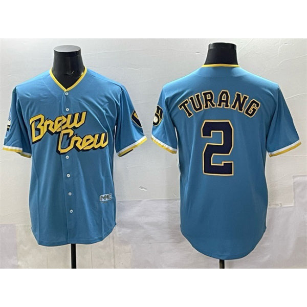 Milwaukee Brewers #2 Brice Turang Powder Blue MWATKINS City Connect Cool Base Stitched Jersey