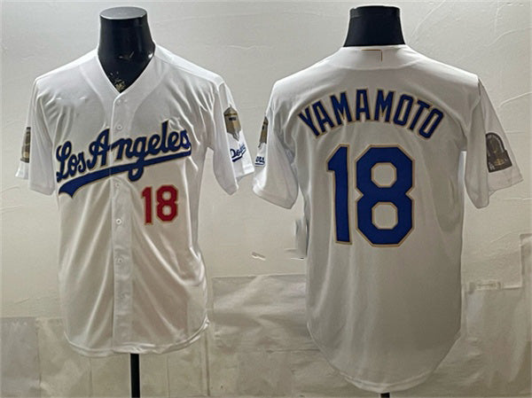 Los Angeles Dodgers #18 Yoshinobu Yamamoto White MWATKINS 2026 Gold Collection 9x & B2B Champs Patch Stitched Jersey