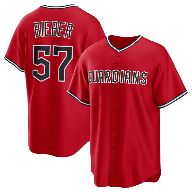 Cleveland Guardians #57 Shane Bieber Red MWATKINS Cool Base Stitched Jersey