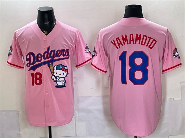 Los Angeles Dodgers #18 Yoshinobu Yamamoto Pink MWATKINS Hello Kitty Night 2025 World Series Champions Patch Stitched Jersey