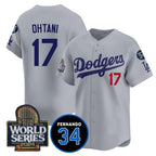 Los Angeles Dodgers #17 Shohei Ohtani Grey MWATKINS 2024 World Series With Fernando Memorial Patch Limited Stitched Jersey