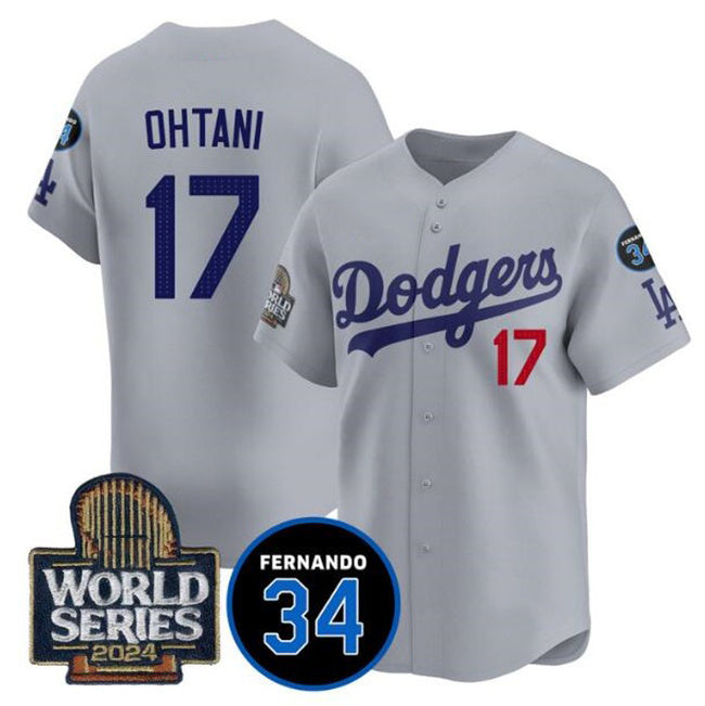 Los Angeles Dodgers #17 Shohei Ohtani Grey MWATKINS 2024 World Series With Fernando Memorial Patch Limited Stitched Jersey