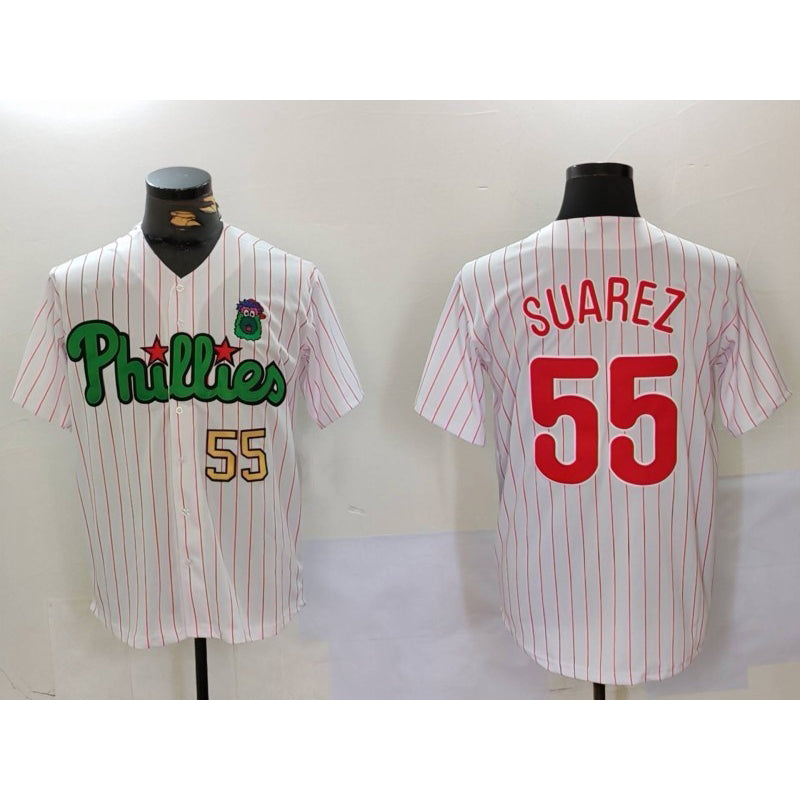 Philadelphia Phillies #55 Ranger Su¨¢rez White Green MWATKINS Cool Base Stitched Jerseys