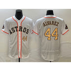 Houston Astros #44 Yordan Alvarez Number 2023 White Gold MWATKINS World Serise Champions Patch Flex Base Stitched Jersey 2