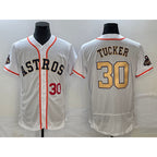 Houston Astros #30 Kyle Tucker Number 2023 White Gold MWATKINS World Serise Champions Patch Flex Base Stitched Jersey