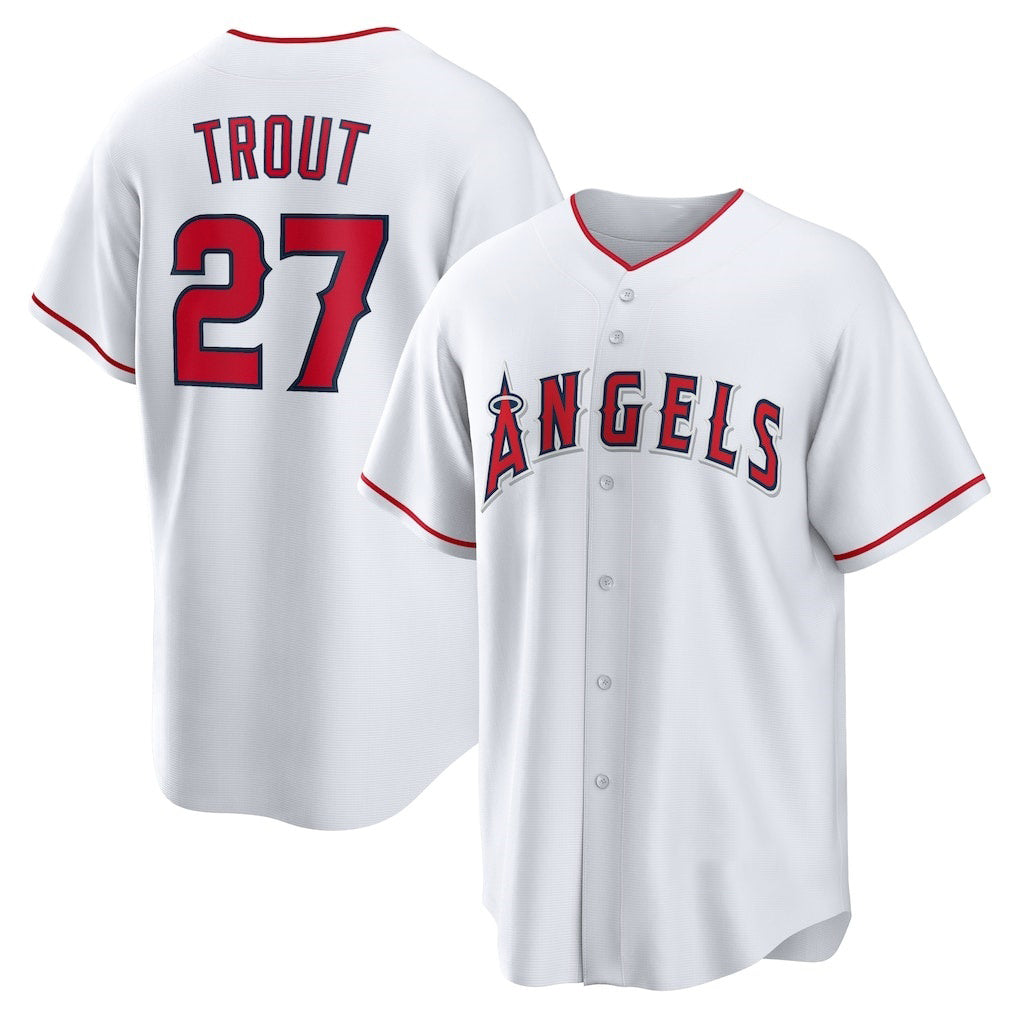Los Angeles Angels #27 Mike Trout White MWATKINS Home Replica Player Name Jersey
