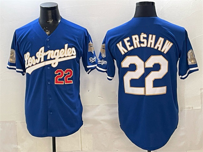 Los Angeles Dodgers #22 Clayton Kershaw Royal MWATKINS 2026 Gold Collection 9x & B2B Champs Patch Stitched Jersey