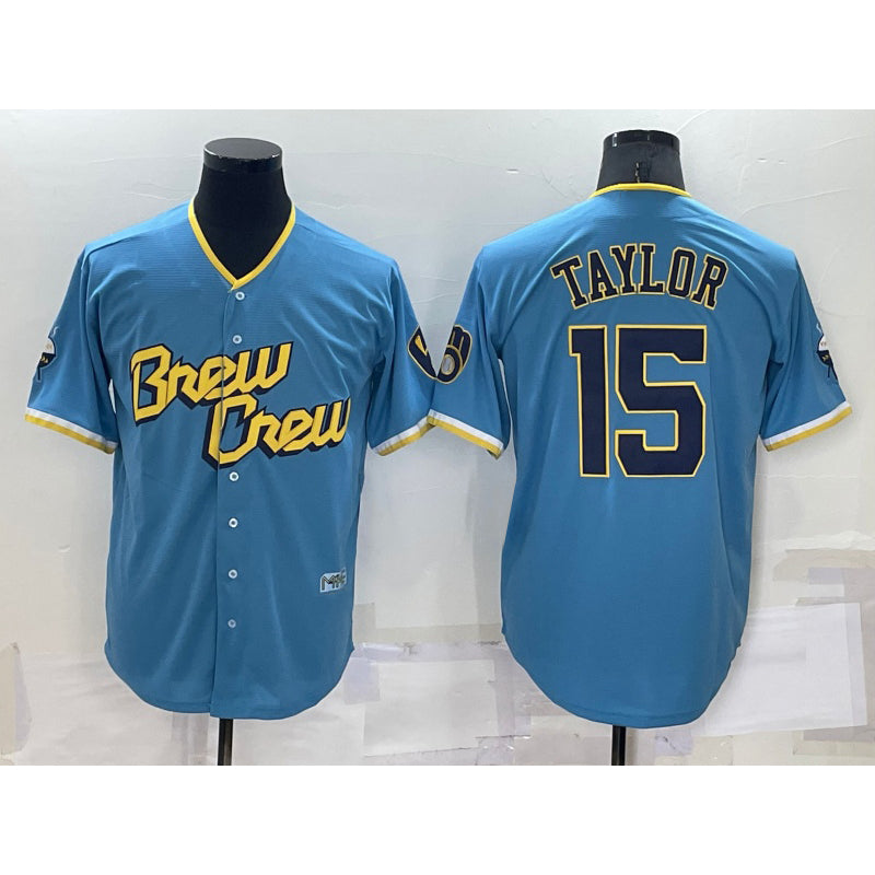 Milwaukee Brewers #15 Tyrone Taylor Blue MWATKINS 2022 City Connect Cool Base Stitched Jersey