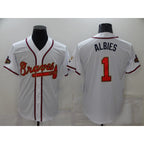 Atlanta Braves #1 Ozzie Albies 2022 White Gold MWATKINS World Series Champions Program Cool Base Stitched Jersey