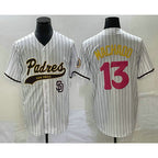 San Diego Padres #13 Manny Machado White MWATKINS Pinstripe 2023 City Connect Cool Base Stitched Jersey