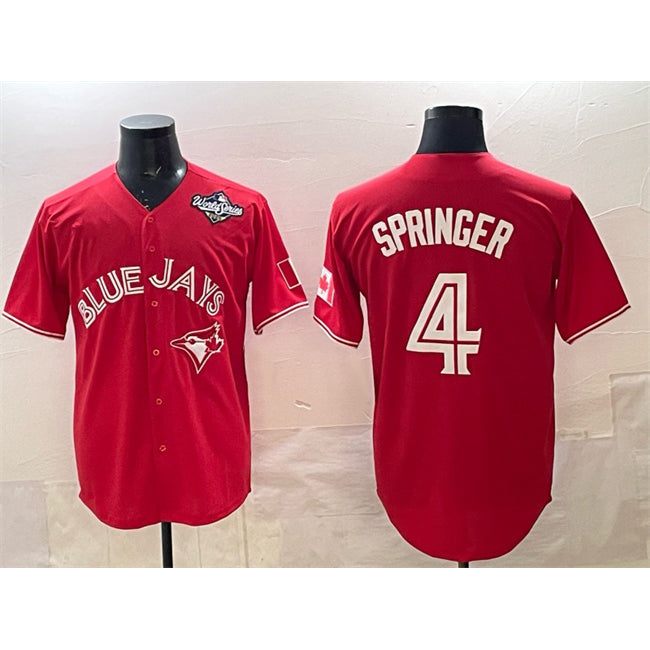 Toronto Blue Jays #4 George Springer Red MWATKINS 2025 World Series Cool Base Stitched Jersey