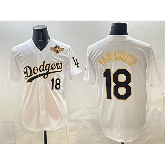 Los Angeles Dodgers #18 Yoshinobu Yamamoto White Gold MWATKINS 2025 World Series Patch Limited Stitched Jersey