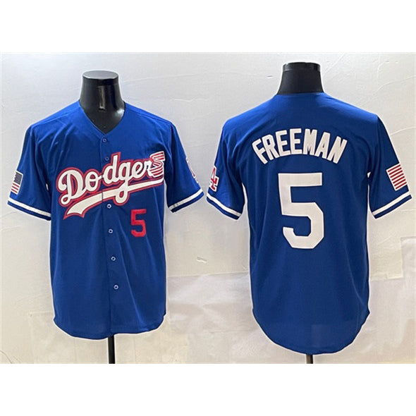 Los Angeles Dodgers #5 Freddie Freeman Royal MWATKINS With American Flag Patch Limited Stitched Jersey