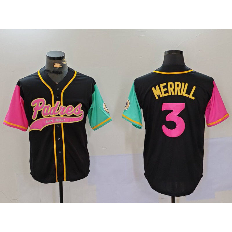 San Diego Padres #3 Jackson Merrill Black MWATKINS NEW 2023 City Connect Cool Base Stitched Jersey