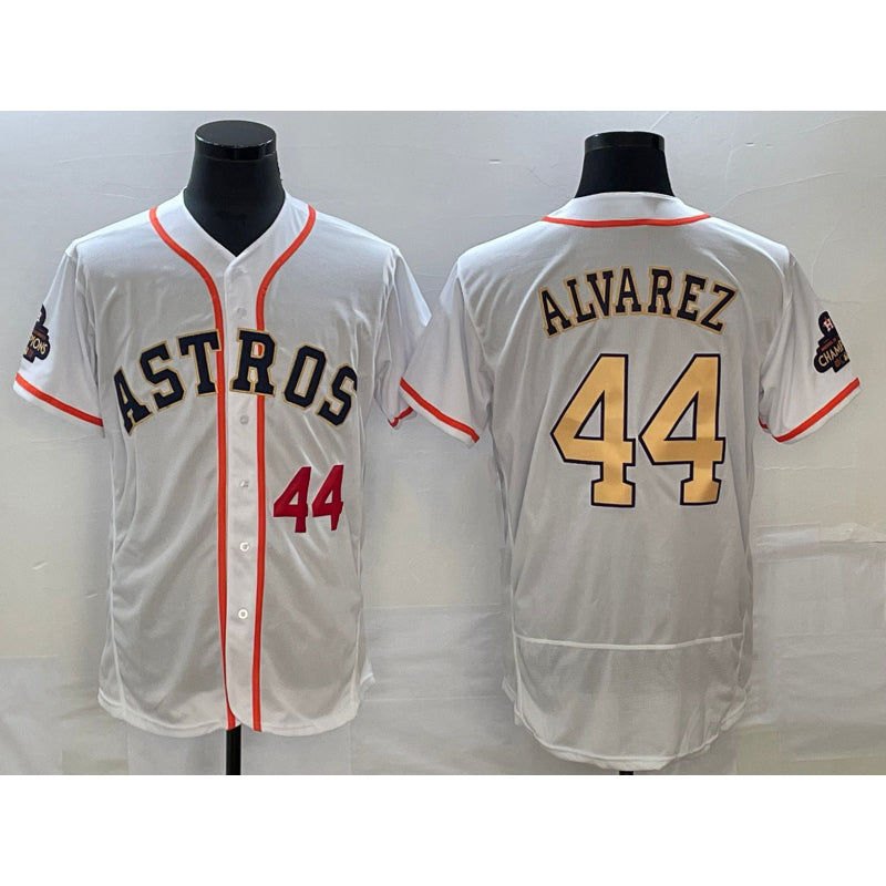 Houston Astros #44 Yordan Alvarez Number 2023 White Gold MWATKINS World Serise Champions Patch Flex Base Stitched Jersey