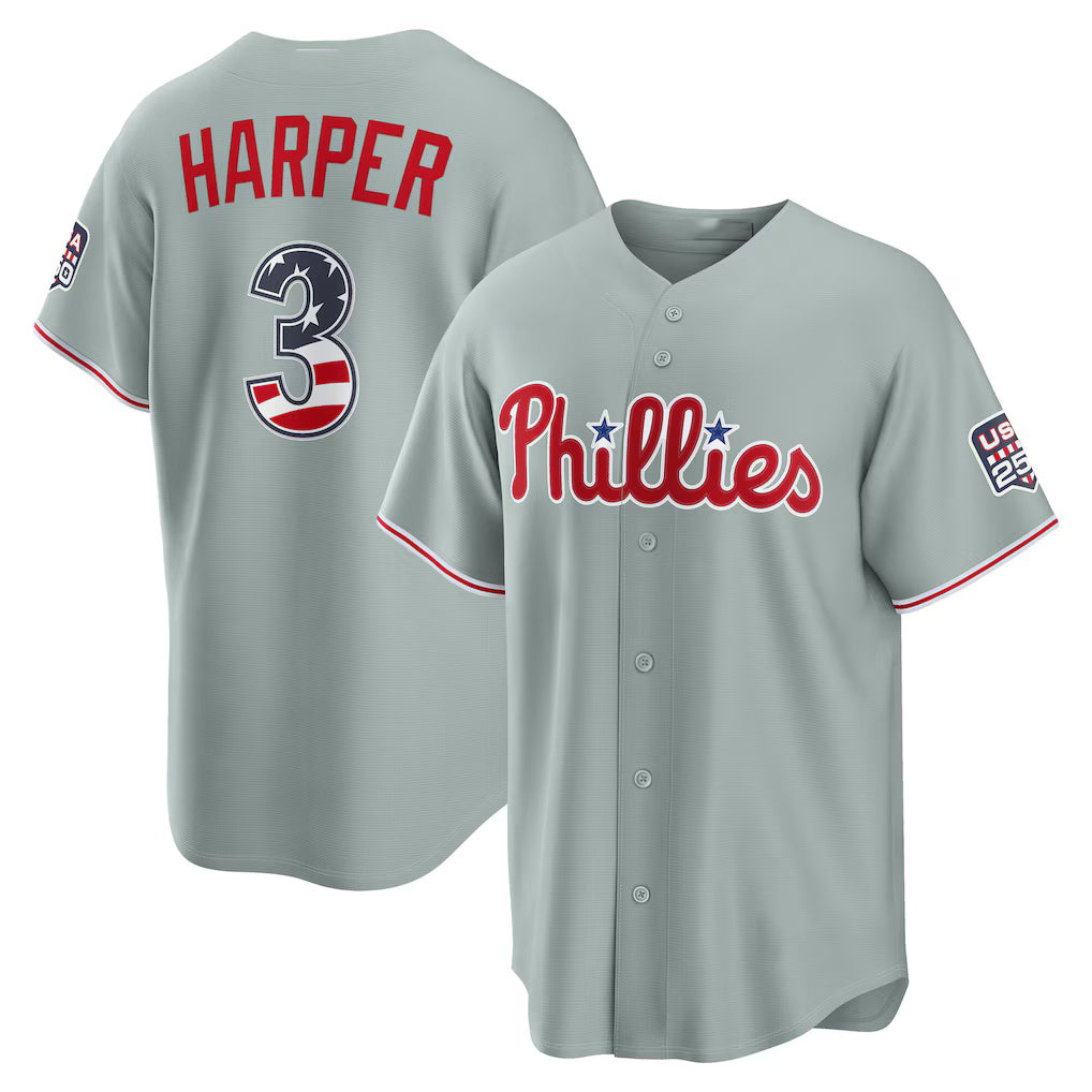 Philadelphia Phillies #3 Bryce Harper USA 250 Fourth of July Road Stadium Jersey - Gray MWATKINS