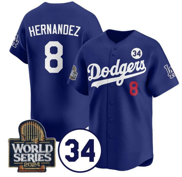 Los Angeles Dodgers #8 Enrique Hernandez Royal MWATKINS 2024 World Series With No. 34 Patch Limited Stitched Jersey