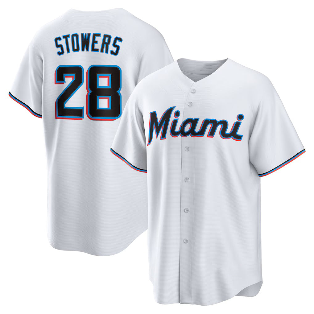 Miami Marlins #28 Kyle Stowers White MWATKINS Home Replica Jersey