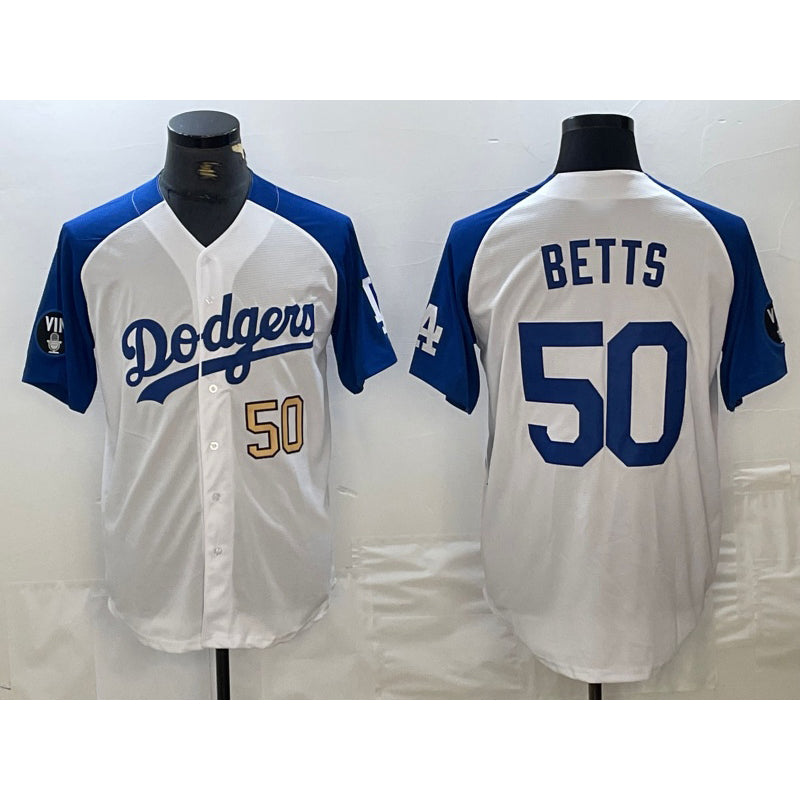 Los Angeles Dodgers #50 Mookie Betts Number White Blue MWATKINS Fashion Stitched Cool Base Limited Jersey 3