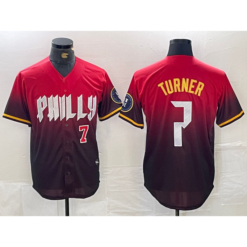 Philadelphia Phillies #7 Trea Turner Red MWATKINS 2024 City Player Number Cool Base Jerseys