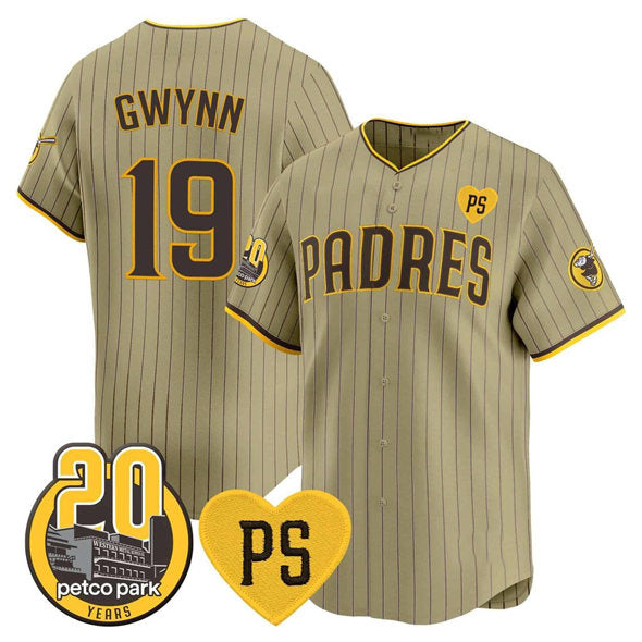 San Diego Padres #19 Tony Gwynn Tan MWATKINS 'For Peter' And Petco Park 20th Patch Limited Stitched Jersey