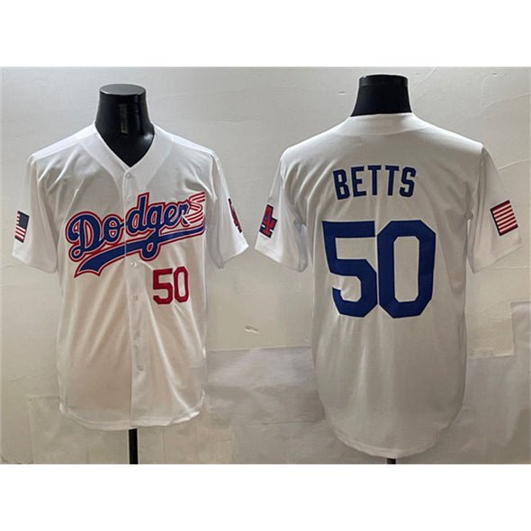 Los Angeles Dodgers #50 Mookie Betts White MWATKINS With American Flag Patch Limited Stitched Jersey