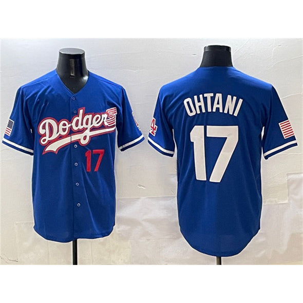 Los Angeles Dodgers #17 Shohei Ohtani Royal MWATKINS With American Flag Patch Limited Stitched Jersey