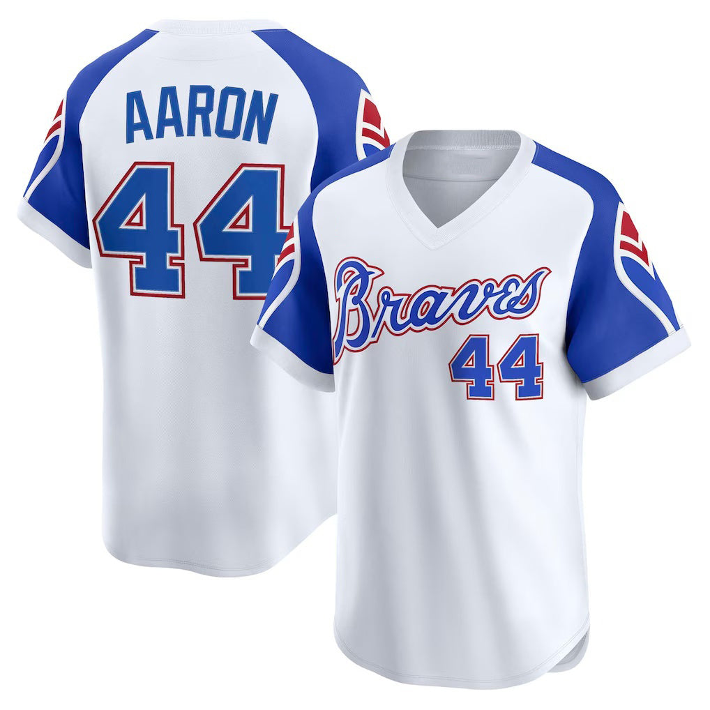 Atlanta Braves #44 Hank Aaron White MWATKINS Throwback Cooperstown Collection Limited Jersey