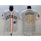 Houston Astros #44 Yordan Alvarez Number 2023 White Gold MWATKINS World Serise Champions Patch Flex Base Stitched Jersey 3