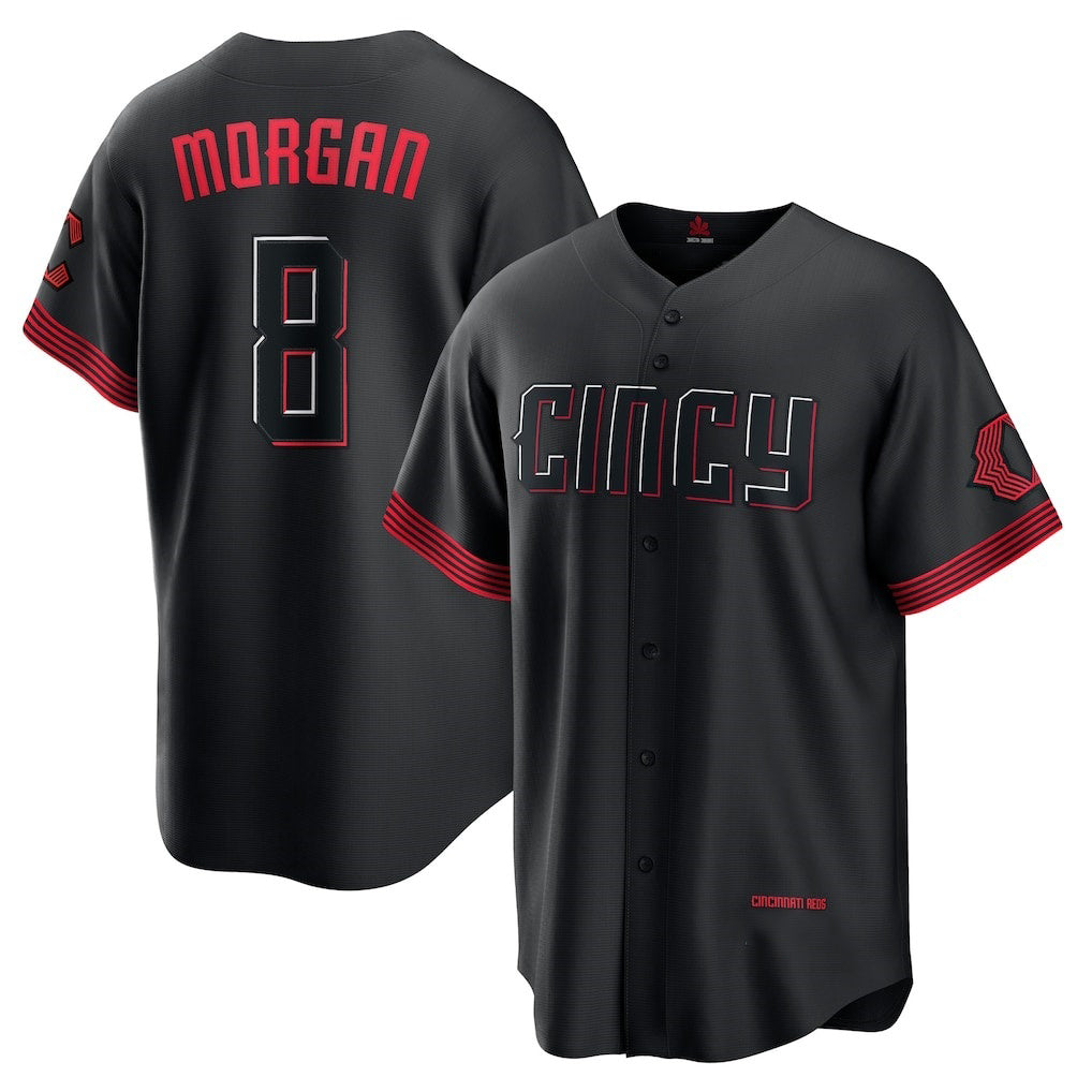 Cincinnati Reds #8 Joe Morgan Black MWATKINS City Connect Replica Player Jersey